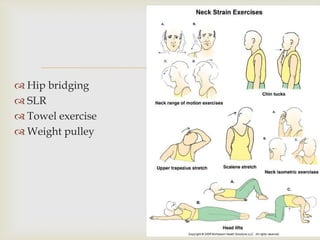 
 Hip bridging
 SLR
 Towel exercise
 Weight pulley
 