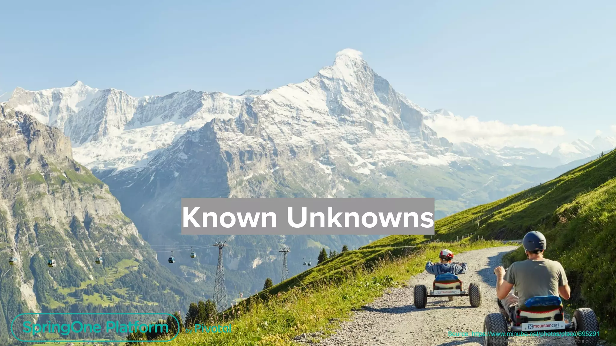 Unless otherwise indicated, these slides are © 2013-2018 Pivotal Software, Inc. and licensed under a Creative Commons Attribution-NonCommercial license:
http://creativecommons.org/licenses/by-nc/3.0/
Known Unknowns
Source: Maria Ntalla, Maya Rosecrance, Sarah Connor,
Source: https://www.minube.net/photos/place/695291
 