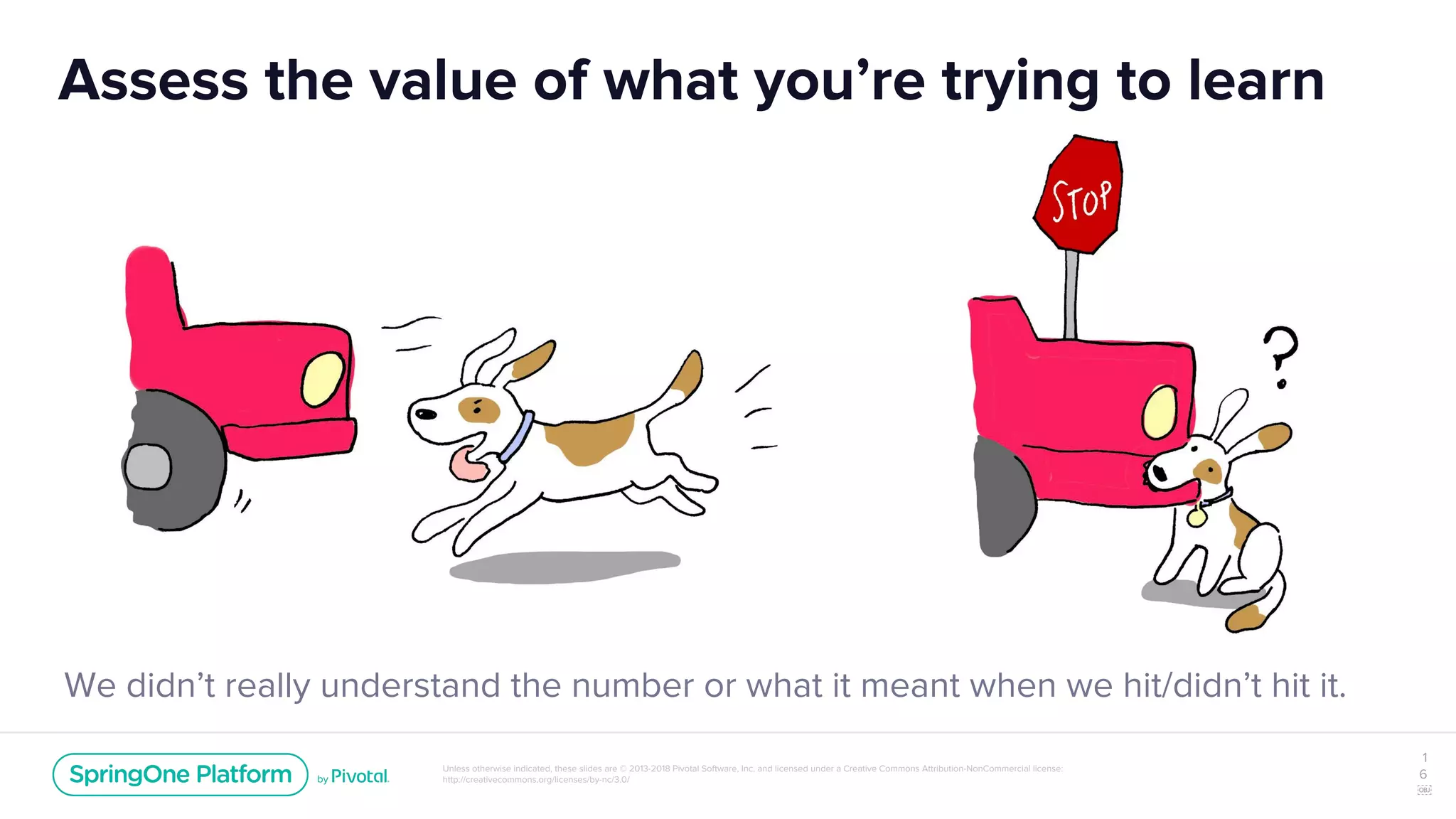 Unless otherwise indicated, these slides are © 2013-2018 Pivotal Software, Inc. and licensed under a Creative Commons Attribution-NonCommercial license:
http://creativecommons.org/licenses/by-nc/3.0/
Assess the value of what you’re trying to learn
1
6
￼
We didn’t really understand the number or what it meant when we hit/didn’t hit it.
 