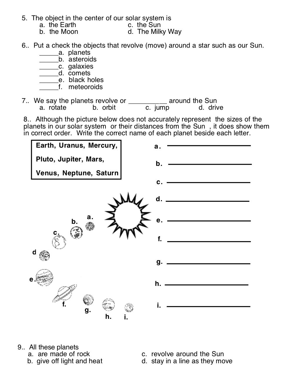 Order of the planets (worksheet)