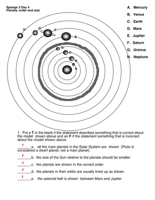 Order of Planets (Worksheet answers )