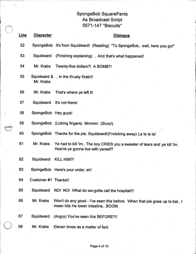 Spongebob Pressure Transcript Spongebob squarepants script for educational purposes בובספוג מכנסמרובע ...