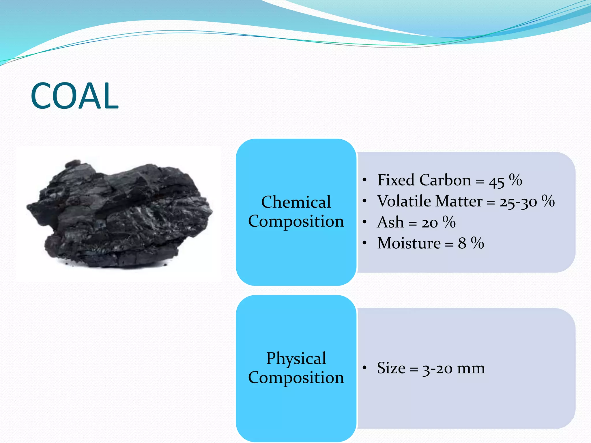 COAL 
• Fixed Carbon = 45 % 
• Volatile Matter = 25-30 % 
• Ash = 20 % 
• Moisture = 8 % 
Chemical 
Composition 
• Size = 3-20 mm 
Physical 
Composition 
 