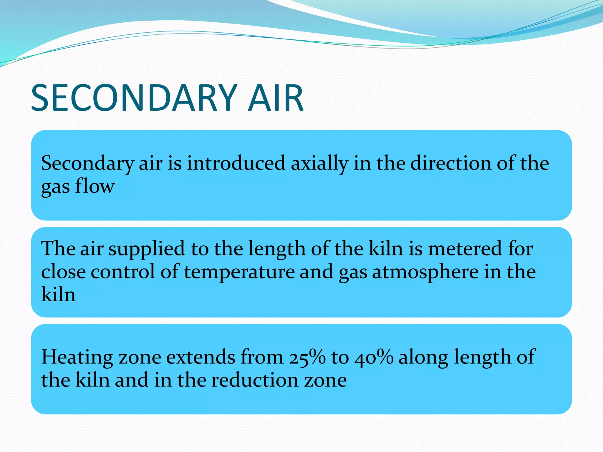 SECONDARY AIR 
Secondary air is introduced axially in the direction of the 
gas flow 
The air supplied to the length of the kiln is metered for 
close control of temperature and gas atmosphere in the 
kiln 
Heating zone extends from 25% to 40% along length of 
the kiln and in the reduction zone 
 