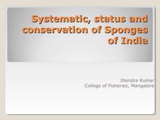 Systematic, status andSystematic, status and
conservation of Spongesconservation of Sponges
of Indiaof India
Jitendra Kumar
College of Fisheries, Mangalore
 