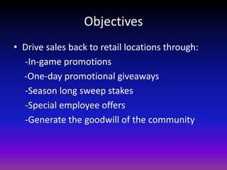 ObjectivesDrive sales back to retail locations through:     -In-game promotions-One-day promotional giveaways    -Season long sweep stakes    -Special employee offers    -Generate the goodwill of the community