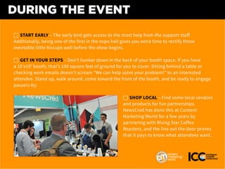 DURING THE EVENT
h START EARLY – The early bird gets access to the most help from the support staff.
Additionally, being o...