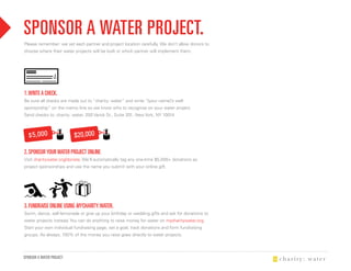 SPONSOR A WATER PROJECT.
Please remember: we vet each partner and project location carefully. We don’t allow donors to
choose where their water projects will be built or which partner will implement them.




1. WRiTE A ChECk.
Be sure all checks are made out to “charity: water” and write “[your name]’s well
sponsorship” on the memo line so we know who to recognize on your water project.
Send checks to: charity: water, 200 Varick St., Suite 201, New York, NY 10014




2. SPONSOR yOuR WATER PROJECT ONliNE.
Visit charitywater.org/donate. We’ll automatically tag any one-time $5,000+ donations as
project sponsorships and use the name you submit with your online gift.




3. fuNdRAiSE ONliNE uSiNg My ChARiTy: WATER.
Swim, dance, sell lemonade or give up your birthday or wedding gifts and ask for donations to
water projects instead. You can do anything to raise money for water on mycharitywater.org.
Start your own individual fundraising page, set a goal, track donations and form fundraising
groups. As always, 100% of the money you raise goes directly to water projects.




SPONSOR A WATER PROJECT
 