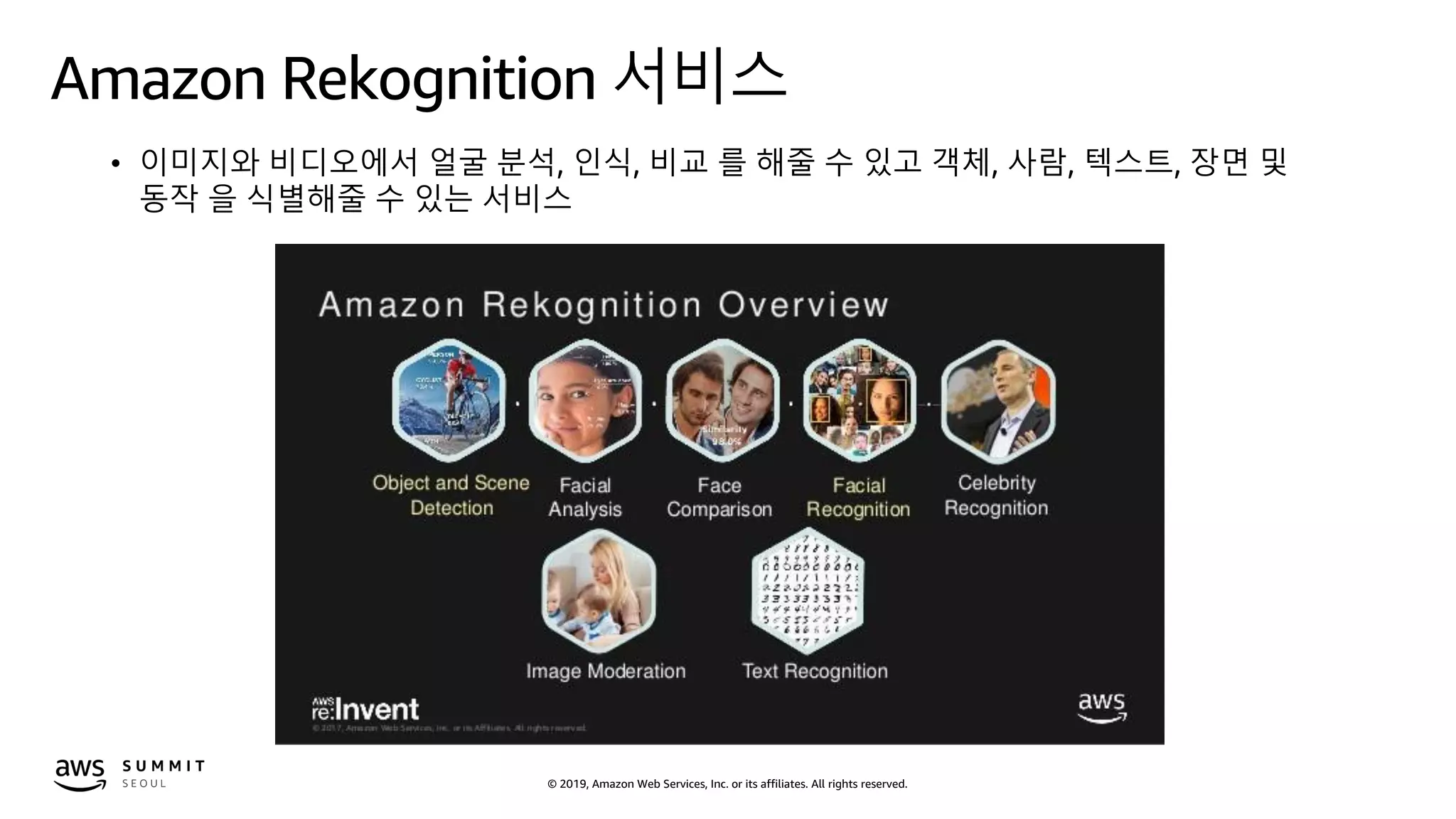 © 2019, Amazon Web Services, Inc. or its affiliates. All rights reserved.
Amazon Rekognition 서비스
• 이미지와 비디오에서 얼굴 분석, 인식, 비교 를 해줄 수 있고 객체, 사람, 텍스트, 장면 및
동작 을 식별해줄 수 있는 서비스
 