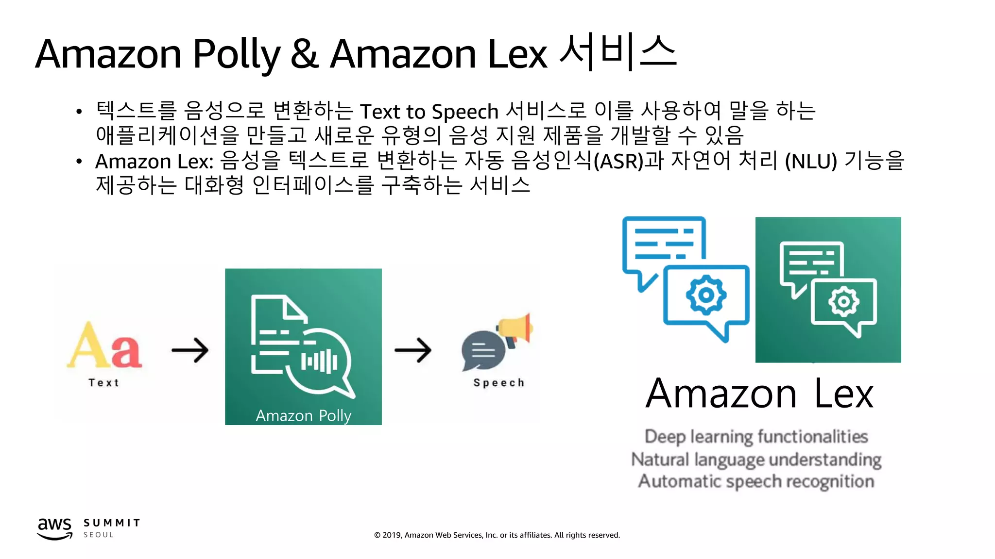 © 2019, Amazon Web Services, Inc. or its affiliates. All rights reserved.
Amazon Polly & Amazon Lex 서비스
• 텍스트를 음성으로 변환하는 Text to Speech 서비스로 이를 사용하여 말을 하는
애플리케이션을 만들고 새로운 유형의 음성 지원 제품을 개발할 수 있음
• Amazon Lex: 음성을 텍스트로 변환하는 자동 음성인식(ASR)과 자연어 처리 (NLU) 기능을
제공하는 대화형 인터페이스를 구축하는 서비스
Amazon Polly
Amazon Lex
 