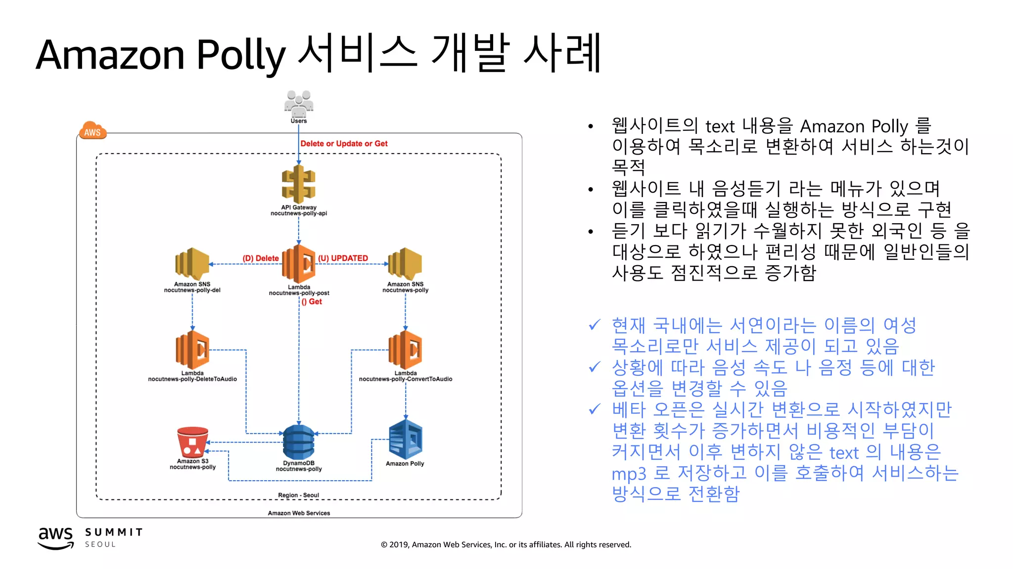 © 2019, Amazon Web Services, Inc. or its affiliates. All rights reserved.
Amazon Polly 서비스 개발 사례
• 웹사이트의 text 내용을 Amazon Polly 를
이용하여 목소리로 변환하여 서비스 하는것이
목적
• 웹사이트 내 음성듣기 라는 메뉴가 있으며
이를 클릭하였을때 실행하는 방식으로 구현
• 듣기 보다 읽기가 수월하지 못한 외국인 등 을
대상으로 하였으나 편리성 때문에 일반인들의
사용도 점진적으로 증가함
 현재 국내에는 서연이라는 이름의 여성
목소리로만 서비스 제공이 되고 있음
 상황에 따라 음성 속도 나 음정 등에 대한
옵션을 변경할 수 있음
 베타 오픈은 실시간 변환으로 시작하였지만
변환 횟수가 증가하면서 비용적인 부담이
커지면서 이후 변하지 않은 text 의 내용은
mp3 로 저장하고 이를 호출하여 서비스하는
방식으로 전환함
 
