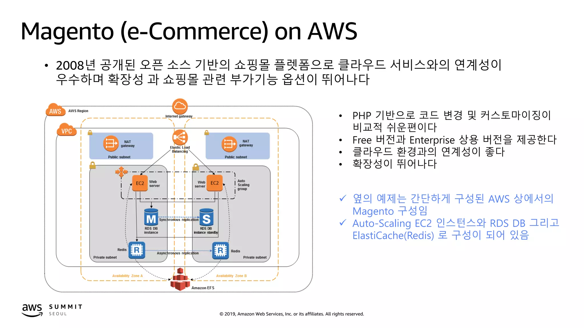 © 2019, Amazon Web Services, Inc. or its affiliates. All rights reserved.
Magento (e-Commerce) on AWS
• 2008년 공개된 오픈 소스 기반의 쇼핑몰 플렛폼으로 클라우드 서비스와의 연계성이
우수하며 확장성 과 쇼핑몰 관련 부가기능 옵션이 뛰어나다
• PHP 기반으로 코드 변경 및 커스토마이징이
비교적 쉬운편이다
• Free 버전과 Enterprise 상용 버전을 제공한다
• 클라우드 환경과의 연계성이 좋다
• 확장성이 뛰어나다
 옆의 예제는 간단하게 구성된 AWS 상에서의
Magento 구성임
 Auto-Scaling EC2 인스턴스와 RDS DB 그리고
ElastiCache(Redis) 로 구성이 되어 있음
 