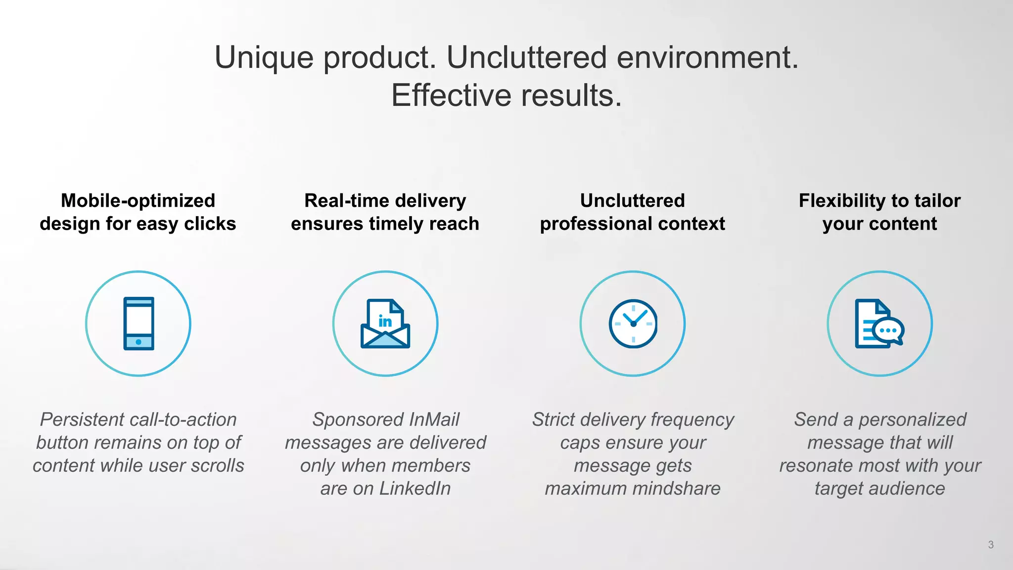 Unique product. Uncluttered environment.
Effective results.
Mobile-optimized
design for easy clicks
Persistent call-to-action
button remains on top of
content while user scrolls
Real-time delivery
ensures timely reach
Sponsored InMail
messages are delivered
only when members
are on LinkedIn
Uncluttered
professional context
Strict delivery frequency
caps ensure your
message gets
maximum mindshare
Flexibility to tailor
your content
Send a personalized
message that will
resonate most with your
target audience
3
 