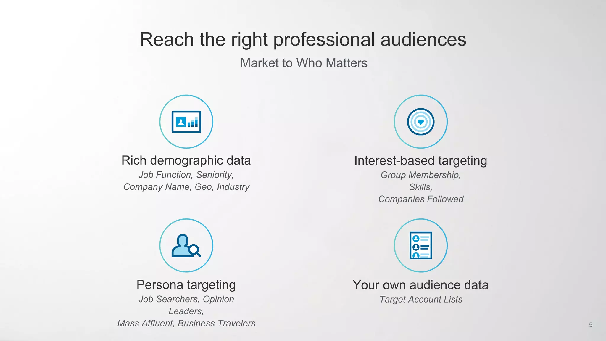 Reach the right professional audiences
Market to Who Matters
Rich demographic data
Job Function, Seniority,
Company Name, Geo, Industry
Interest-based targeting
Group Membership,
Skills,
Companies Followed
Persona targeting
Job Searchers, Opinion
Leaders,
Mass Affluent, Business Travelers
Your own audience data
Target Account Lists
5
 