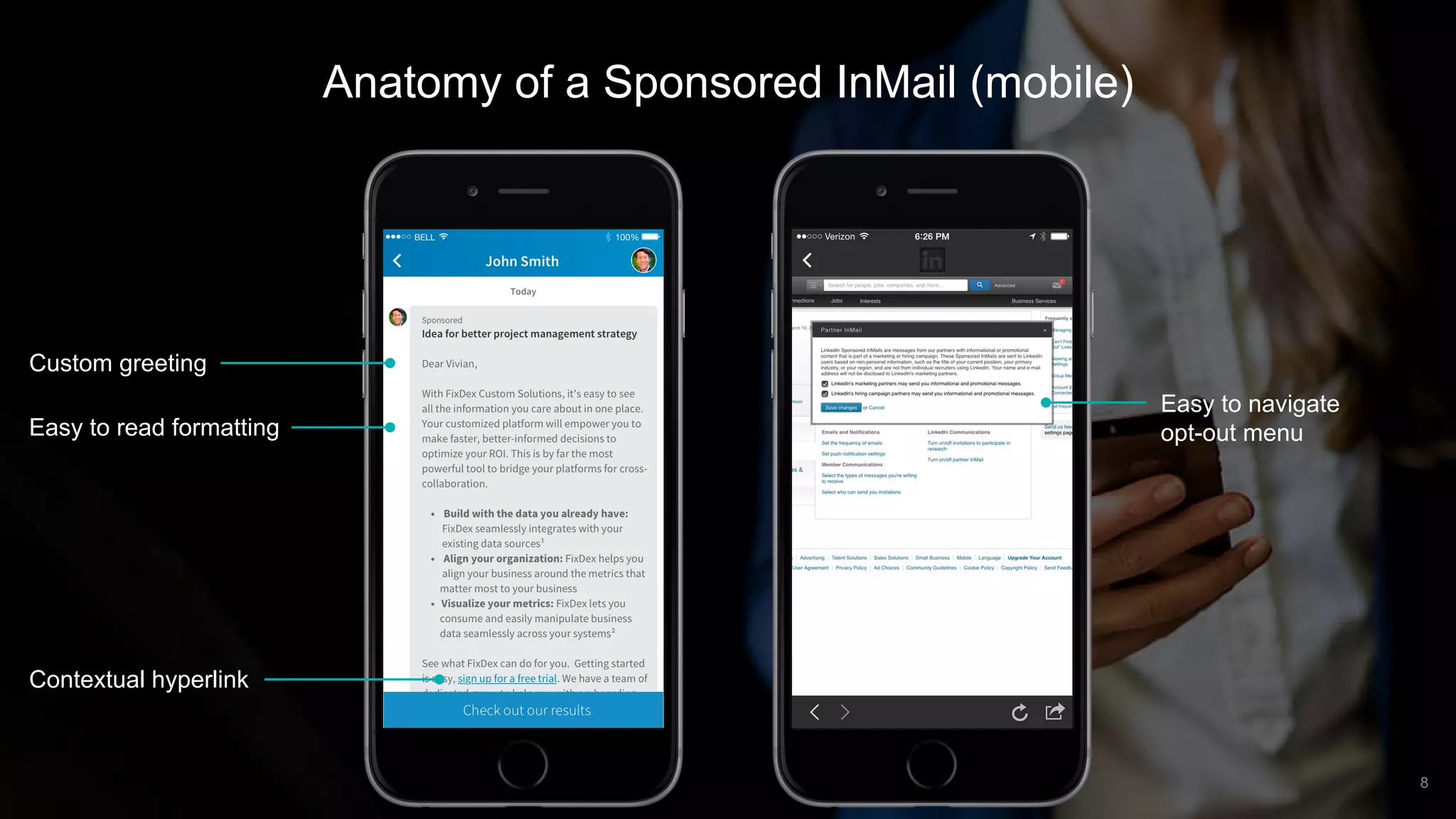 Anatomy of a Sponsored InMail (mobile)
8
Custom greeting
Easy to read formatting
Contextual hyperlink
Easy to navigate
opt-out menu
 