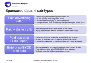 Sponsored data: 4 sub-types
• Advertiser pays to send ads/promos/demo etc
• Fits into existing ad-buying value chain
• Consumers resent paying to “be advertised at”
• Concept believed to be invented by Disruptive Analysis in Nov 2010
Paid advertising
traffic
• Data relating to specific URLs is paid by site owner
• Highly unclear there is either demand or robust technologyPaid website traffic
• Certain applications’ data traffic is paid-for by app provider
• At least 10 separate major problems. Almost unworkable
• In extremis, risks replacing retail data fees with cheap wholesale
Paid app data
(1-800 apps)
• Companies pay for employees’ work data used on own devices
• Potential to combine with VPN/BYOD & other solutions
• Moderate potential but business-case unproven
Enterprise/BYOD
paid data
Copyright Disruptive Analysis Ltd 2014June 2014
 
