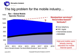 The big problem for the mobile industry…
Copyright Disruptive Analysis Ltd 2014June 2014
0
200
400
600
800
1000
1200
1400
2012 2013 2014 2015 2016 2017 2018 2019
Voice telephony
VAS / digital
Internet/data access
SMS/MMS
$bn – Global Mobile
Operator Revenue
?
New/partner services?
Voice/video-based?
Verticals?
High-end mobile users
already nearing
saturation for mobile
Internet spendSource: Disruptive Analysis “Non-Neutral Mobile Broadband” report, June 2014
 