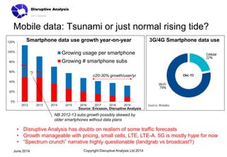 Mobile data: Tsunami or just normal rising tide?
Copyright Disruptive Analysis Ltd 2014June 2014
3G/4G Smartphone data use
• Disruptive Analysis has doubts on realism of some traffic forecasts
• Growth manageable with pricing, small cells, LTE, LTE-A. 5G is mostly hype for now
• “Spectrum crunch” narrative highly questionable (landgrab vs broadcast?)
0%
20%
40%
60%
80%
100%
120%
2012 2013 2014 2015 2016 2017 2018 2019
Growing usage per smartphone
Growing # smartphone subs
?
NB 2012-13 subs growth possibly skewed by
older smartphones without data plans
Smartphone data use growth year-on-year
c20-30% growth/user/yr
Source: Ericsson, Disruptive Analysis
 