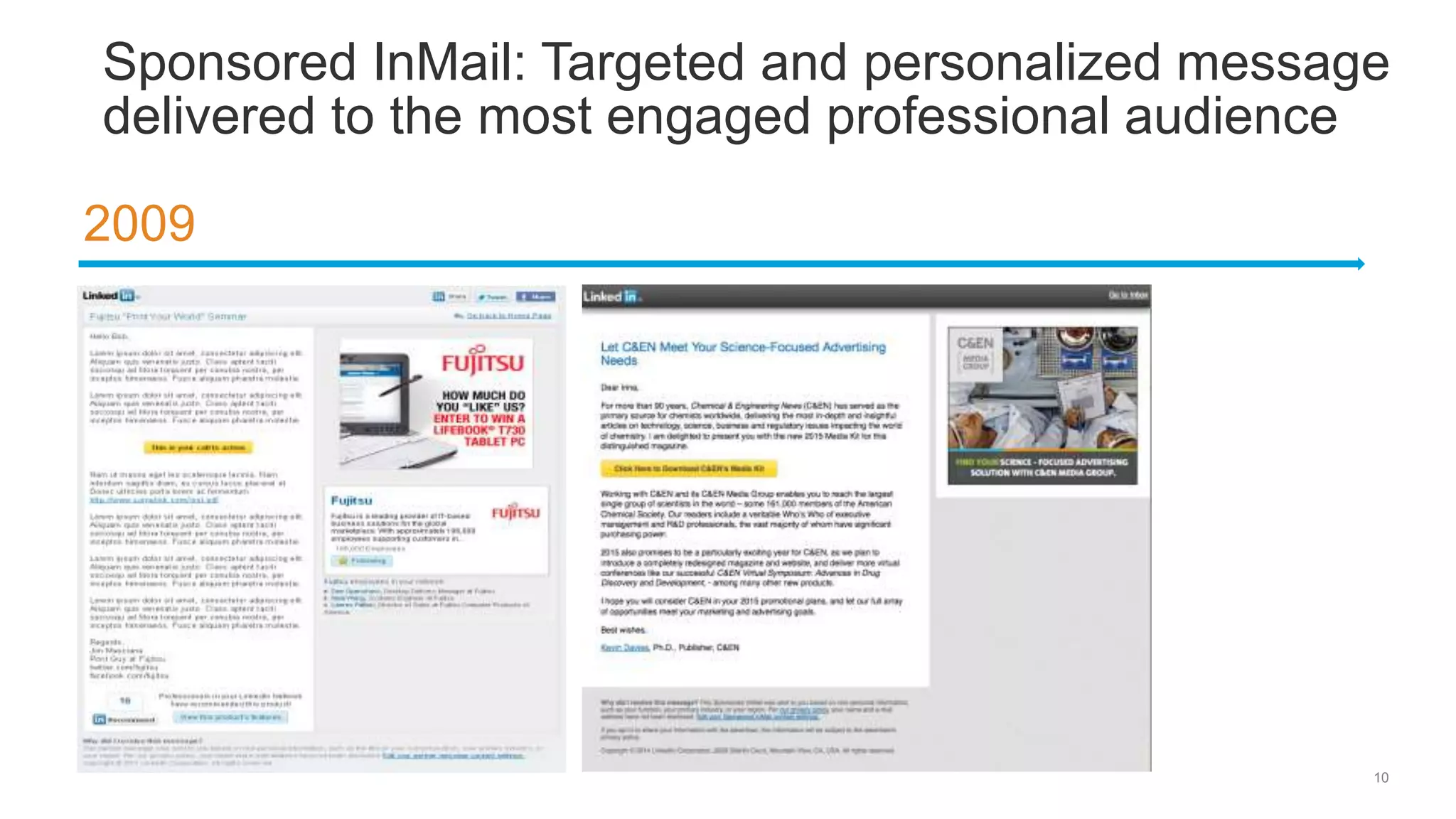 10
Sponsored InMail: Targeted and personalized message
delivered to the most engaged professional audience
2009
 