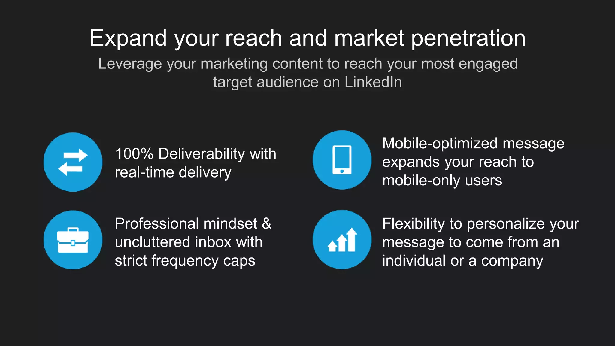 Leverage your marketing content to reach your most engaged
target audience on LinkedIn
Expand your reach and market penetration
100% Deliverability with
real-time delivery
Professional mindset &
uncluttered inbox with
strict frequency caps
Mobile-optimized message
expands your reach to
mobile-only users
Flexibility to personalize your
message to come from an
individual or a company
 