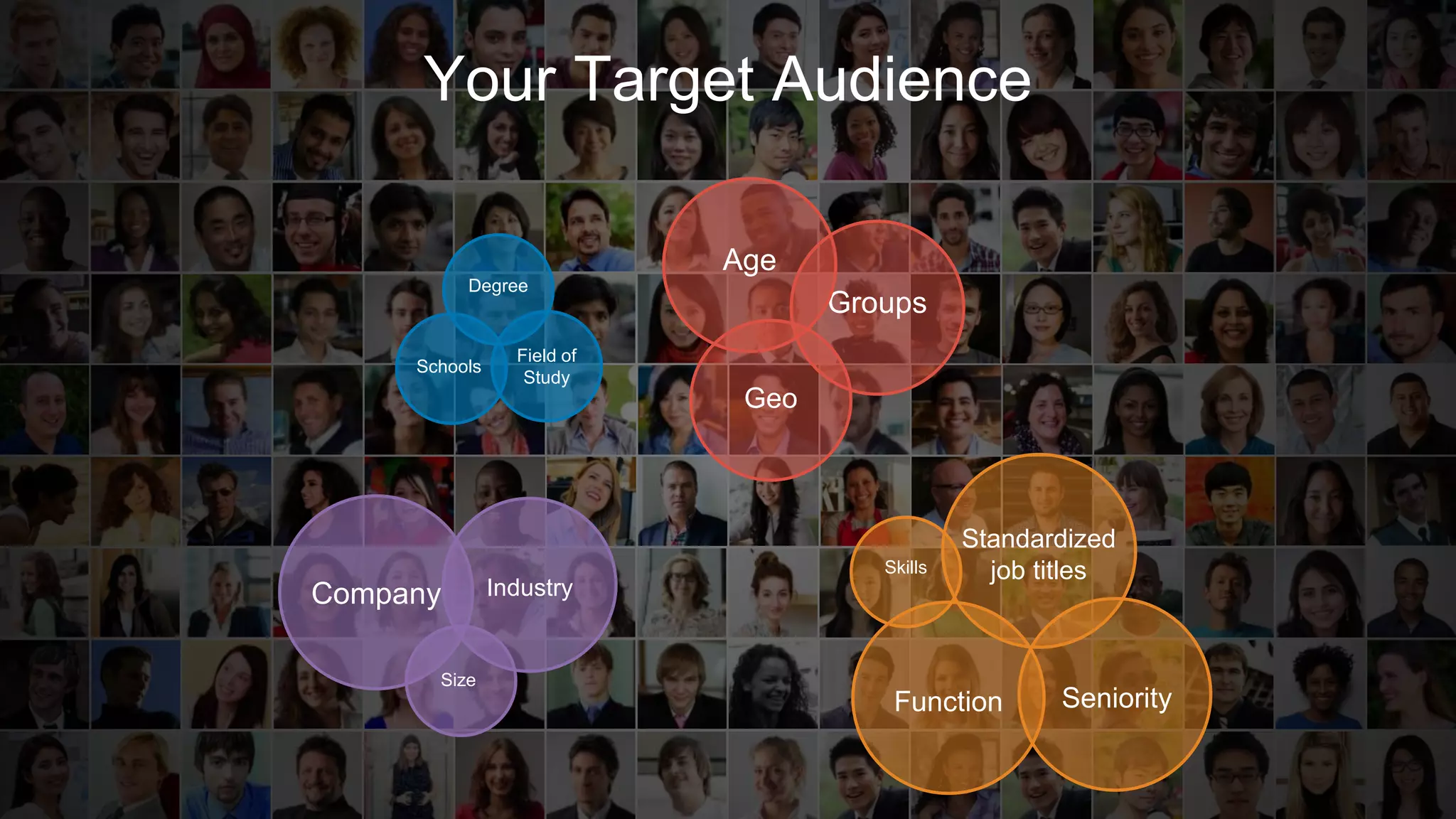 Company Industry
Size
Degree
Field of
Study
Schools
Geo
Groups
Standardized
job titles
SeniorityFunction
Skills
Your Target Audience
Age
 