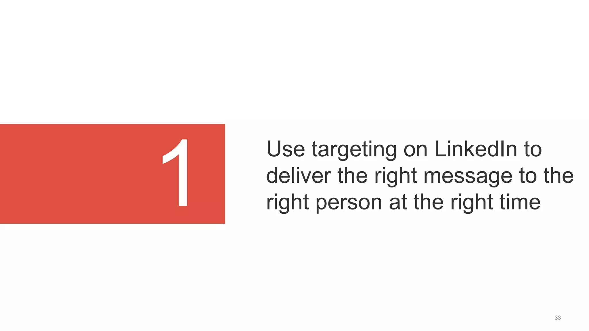 33
1
Use targeting on LinkedIn to
deliver the right message to the
right person at the right time
 