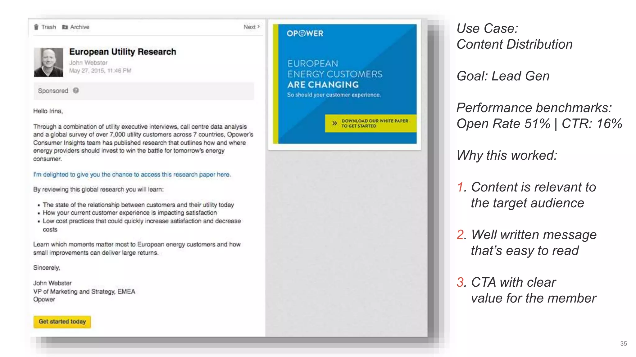 35
Use Case:
Content Distribution
Goal: Lead Gen
Performance benchmarks:
Open Rate 51% | CTR: 16%
Why this worked:
1. Content is relevant to
the target audience
2. Well written message
that’s easy to read
3. CTA with clear
value for the member
 