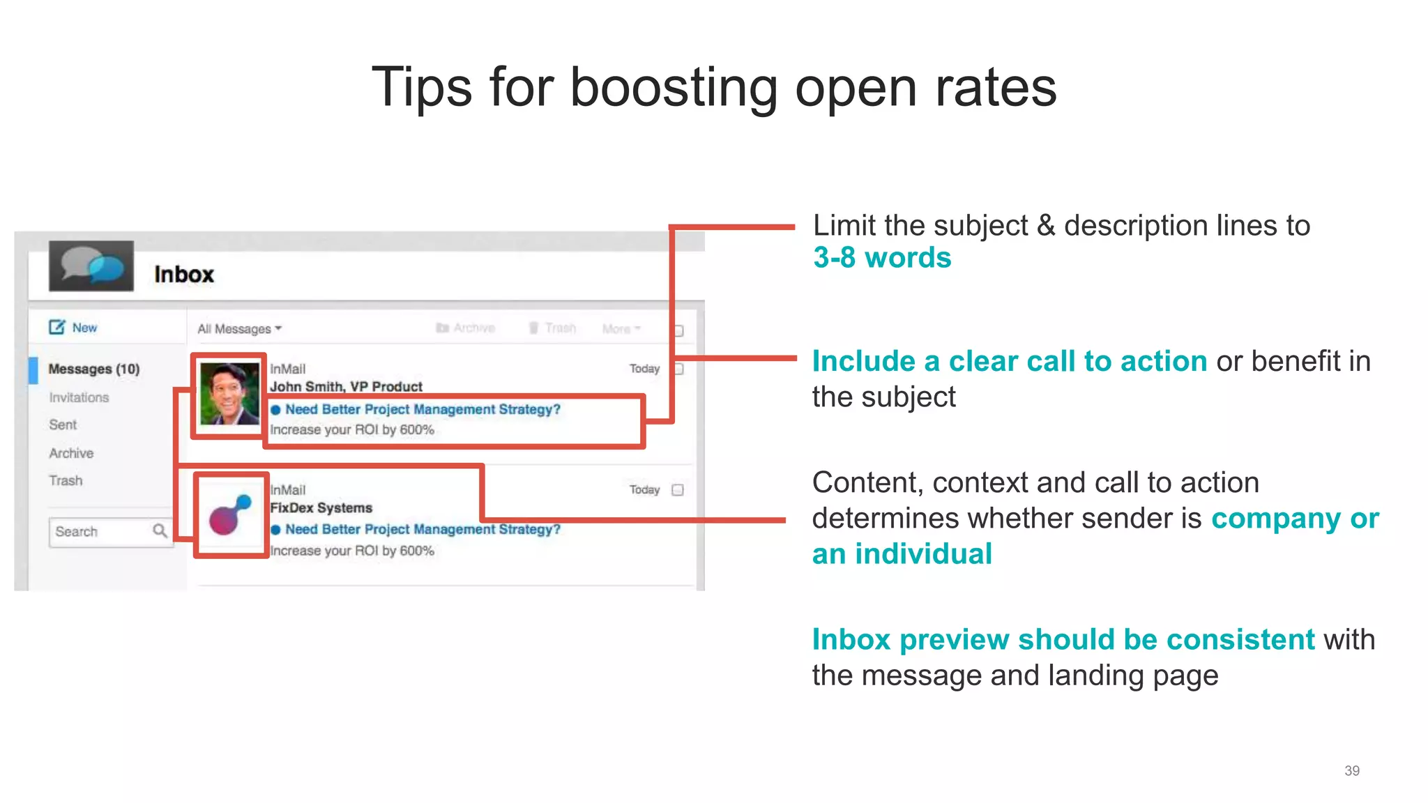39
Tips for boosting open rates
Limit the subject & description lines to
3-8 words
Include a clear call to action or benefit in
the subject
Content, context and call to action
determines whether sender is company or
an individual
Inbox preview should be consistent with
the message and landing page
 