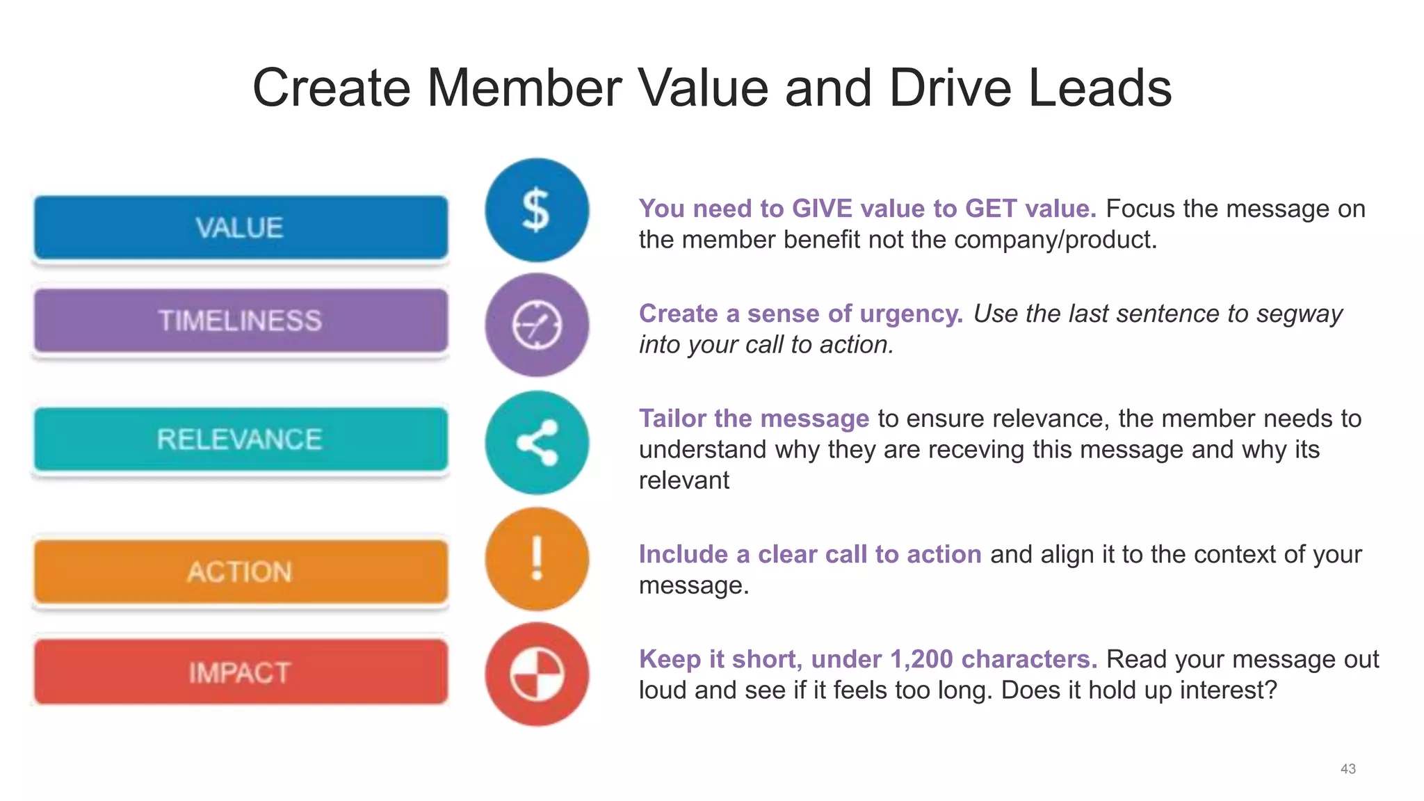 43
Create Member Value and Drive Leads
You need to GIVE value to GET value. Focus the message on
the member benefit not the company/product.
Create a sense of urgency. Use the last sentence to segway
into your call to action.
Tailor the message to ensure relevance, the member needs to
understand why they are receving this message and why its
relevant
Include a clear call to action and align it to the context of your
message.
Keep it short, under 1,200 characters. Read your message out
loud and see if it feels too long. Does it hold up interest?
 