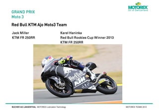 GRAND PRIX
Moto 3

Red Bull KTM Ajo Moto3 Team

BUCHER AG LANGENTHAL MOTOREX Lubrication Technology

MOTOREX TEAMS 2014

 