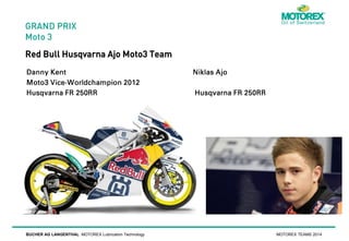 GRAND PRIX
Moto 3

Red Bull Husqvarna Ajo Moto3 Team

BUCHER AG LANGENTHAL MOTOREX Lubrication Technology

MOTOREX TEAMS 2014

 