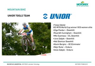 MOUNTAIN BIKE
UNIOR TOOLS TEAM

•Tanja Zakelji
UCI MTB World Cup winner XCO women elite
•Ziga Pandur – Downhill
•Ruaridh Cunnigham – Downhill
•Mio Suemasa – CC, Downhill
•Jure Zabjek – Downhill
•Nal Otonicar Downhill
•Kevin Berginc – XC Eliminator
•Nejc Rutar – Enduro
•Anze Zabjek - Enduro

BUCHER AG LANGENTHAL MOTOREX Lubrication Technology

MOTOREX TEAMS 2014

 