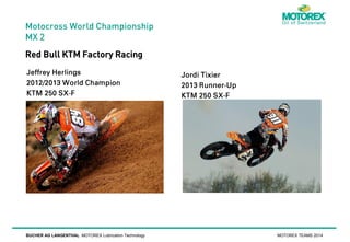 Motocross World Championship
MX 2

Red Bull KTM Factory Racing

BUCHER AG LANGENTHAL MOTOREX Lubrication Technology

MOTOREX TEAMS 2014

 
