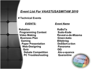    Event List For VAASTUSASMITAM 2010   # Technical Events  EVENTS:   Event Name Robotics   RoBoTa Programming Contest  Sudo-Kode Video Making   Reveal-o-de-Miasma Business Plan  Green-baks Gaming    Blitzkrieg Paper Presentation   DeSSert-a-tion Web-Designing   Panorama Quiz   QQ Debate Competition  Alo-u-quance PC Troubleshooting  Quarantine 
