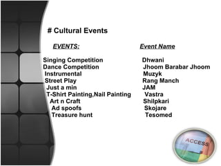 # Cultural Events   EVENTS:   Event Name Singing Competition   Dhwani Dance Competition   Jhoom Barabar Jhoom Instrumental   Muzyk Street Play   Rang Manch Just a min   JAM T-Shirt Painting,Nail Painting  Vastra Art n Craft   Shilpkari  Ad spoofs  Skojare  Treasure hunt  Tesomed     