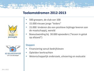 Toekomstdromen 2012-2013
              500 groepen, de club van 100
              15.000 nieuwe jonge “leiders”
              15.000 kinderen die een positieve bijdrage leveren aan
               de maatschappij, wereld
              Bewustwording bij 30.000 opvoeders (“lessen in geluk
               op afstand”)

             Stappen
              Financiering vanuit bedrijfsleven
              Opleiden leerkrachten
              Wetenschappelijk onderzoek, uitvoering en evaluatie



28-1-2012
 