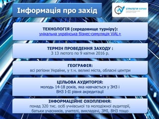 ТЕХНОЛОГІЯ (середовище турніру):
унікальна українська бізнес-симуляція ViAL+
ТЕРМІН ПРОВЕДЕННЯ ЗАХОДУ :
З 13 лютого по 9 квітня 2016 р.
ЦІЛЬОВА АУДИТОРІЯ:
молодь 14-18 років, яка навчається у ЗНЗ і
ВНЗ І-ІІ рівня акредитації
ГЕОГРАФІЯ:
всі регіони України, у т.ч. великі міста, обласні центри
ІНФОРМАЦІЙНЕ ОХОПЛЕННЯ:
понад 320 тис. осіб учнівської та молодіжної аудиторії,
батьки учасників, учителі, викладачі, ЗМІ, ВНЗ тощо
Інформація про захід
 