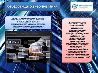 Середовище бізнес-змагання
ПЕРША ВІТЧИЗНЯНА БІЗНЕС-
СИМУЛЯЦІЯ ViAL+:
потужна комп’ютерна модель
виробничого підприємства
Інтерактивна
технологія
навчання
економічним
дисциплінам, яка
забезпечує
формування
прикладних
компетентностей
школярів і
розвиває вміння
застосовувати
набуті теоретичні
знання на практиці
 