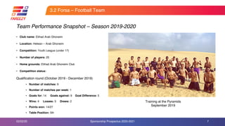 3.2 Forsa – Football Team
• Club name: Etihad Arab Ghoneim
• Location: Helwan – Arab Ghoneim
• Competition: Youth League (under 17)
• Number of players: 25
• Home grounds: Etihad Arab Ghoneim Club
• Competition status:
Qualification round (October 2019 - December 2019)
• Number of matches: 9
• Number of matches per week: 1
• Goals for: 14 Goals against: 9 Goal Difference: 5
• Wins: 4 Losses: 3 Draws: 2
• Points won: 14/27
• Table Position: 5th
7
Team Performance Snapshot – Season 2019-2020
Training at the Pyramids
September 2019
02/02/20 Sponsorship Prospectus 2020-2021
 