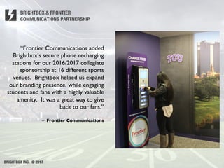 BRIGHTBOX INC. © 2017
BRIGHTBOX & FRONTIER
COMMUNICATIONS PARTNERSHIP 
“Frontier Communications added
Brightbox’s secure phone recharging
stations for our 2016/2017 collegiate
sponsorship at 16 different sports
venues. Brightbox helped us expand
our branding presence, while engaging
students and fans with a highly valuable
amenity. It was a great way to give
back to our fans.”
– Frontier Communications
 