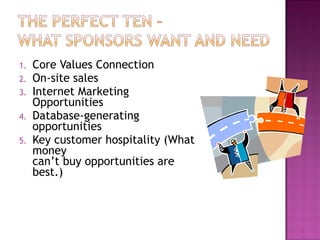 1. Core Values Connection 
2. On-site sales 
3. Internet Marketing 
Opportunities 
4. Database-generating 
opportunities 
5. Key customer hospitality (What 
money 
can’t buy opportunities are 
best.) 
28 
 