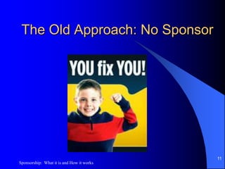 Guidelines for Choosing a Primary SponsorGender is the same as ours Has more time in recovery than we doHas worked more Steps than we haveIs available for telephone calls and meetingsEmphasizes spiritual aspect of the program10Sponsorship:  What it is and How it works