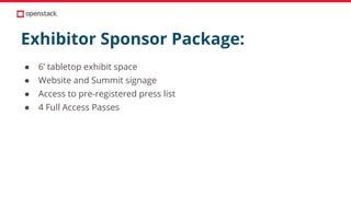 Exhibitor Sponsor Package:
● 6’ tabletop exhibit space
● Website and Summit signage
● Access to pre-registered press list
● 4 Full Access Passes
 