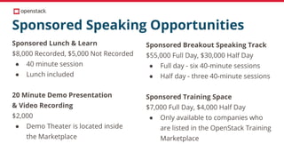Sponsored Speaking Opportunities
Sponsored Lunch & Learn
$8,000 Recorded, $5,000 Not Recorded
● 40 minute session
● Lunch included
20 Minute Demo Presentation
& Video Recording
$2,000
● Demo Theater is located inside
the Marketplace
Sponsored Breakout Speaking Track
$55,000 Full Day, $30,000 Half Day
● Full day - six 40-minute sessions
● Half day - three 40-minute sessions
Sponsored Training Space
$7,000 Full Day, $4,000 Half Day
● Only available to companies who
are listed in the OpenStack Training
Marketplace
 