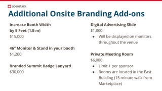Additional Onsite Branding Add-ons
Increase Booth Width
by 5 Feet (1.5 m)
$15,000
46” Monitor & Stand in your booth
$1,200
Branded Summit Badge Lanyard
$30,000
Digital Advertising Slide
$1,000
● Will be displayed on monitors
throughout the venue
Private Meeting Room
$6,000
● Limit 1 per sponsor
● Rooms are located in the East
Building (15 minute walk from
Marketplace)
 