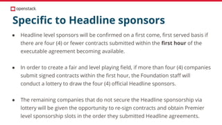 Specific to Headline sponsors
● Headline level sponsors will be confirmed on a first come, first served basis if
there are four (4) or fewer contracts submitted within the first hour of the
executable agreement becoming available.
● In order to create a fair and level playing field, if more than four (4) companies
submit signed contracts within the first hour, the Foundation staff will
conduct a lottery to draw the four (4) official Headline sponsors.
● The remaining companies that do not secure the Headline sponsorship via
lottery will be given the opportunity to re-sign contracts and obtain Premier
level sponsorship slots in the order they submitted Headline agreements.
 