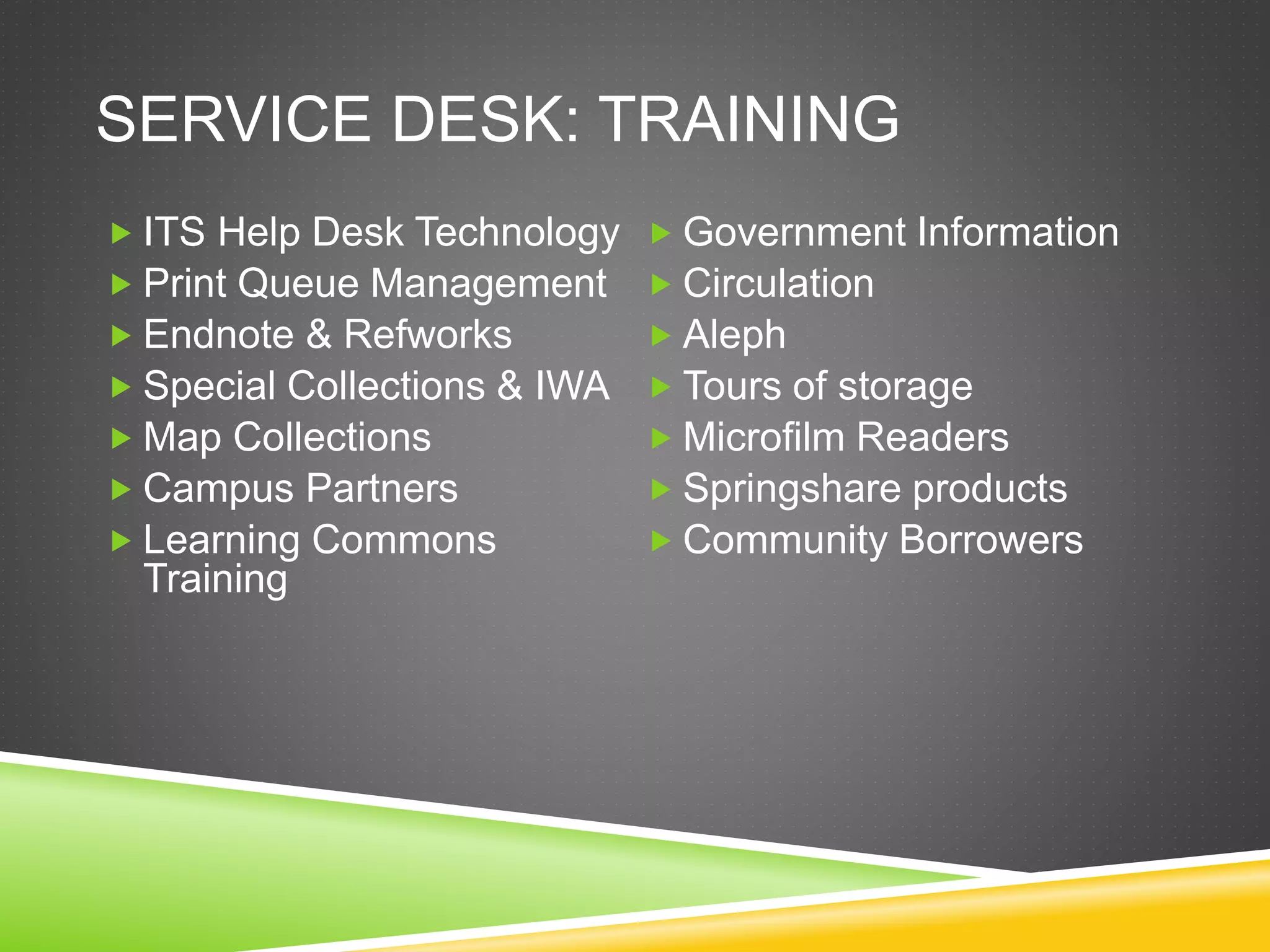 SERVICE DESK: TRAINING
 ITS Help Desk Technology
 Print Queue Management
 Endnote & Refworks
 Special Collections & IWA
 Map Collections
 Campus Partners
 Learning Commons
Training
 Government Information
 Circulation
 Aleph
 Tours of storage
 Microfilm Readers
 Springshare products
 Community Borrowers
 