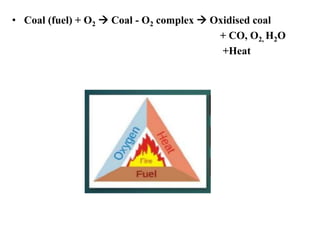 • Coal (fuel) + O2  Coal - O2 complex  Oxidised coal
+ CO, O2, H2O
+Heat
 