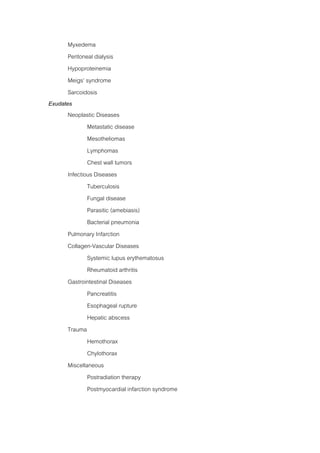Myxedema
       Peritoneal dialysis
       Hypoproteinemia
       Meigs’ syndrome
       Sarcoidosis
Exudates
       Neoplastic Diseases
               Metastatic disease
               Mesotheliomas
               Lymphomas
               Chest wall tumors
       Infectious Diseases
               Tuberculosis
               Fungal disease
               Parasitic (amebiasis)
               Bacterial pneumonia
       Pulmonary Infarction
       Collagen-Vascular Diseases
               Systemic lupus erythematosus
               Rheumatoid arthritis
       Gastrointestinal Diseases
               Pancreatitis
               Esophageal rupture
               Hepatic abscess
       Trauma
               Hemothorax
               Chylothorax
       Miscellaneous
               Postradiation therapy
               Postmyocardial infarction syndrome
 