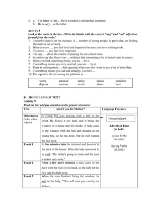 8. a. The letter is very.... He is awarded a scholarship, (surprise)
b. He is very.... at the letter.
Activity 8
Look at the verbs in the box. Fill in the blanks with the correct “-ing” and “-ed” adjectives
formed from the verbs!
1. Unemployment is on the increase. A ... number of young people, in particular, are finding
themselves out of work.
2. When you are ...., you feel tired and impatient because you have nothing to do.
3. If you are ...., you feel very surprised.
4. I’m very .... about the chance of playing for our school team.
5. Scientists say that there is no ... evidence that consuming a lot of onion leads to cancer.
6. When you find something funny, you are ... by it.
7. If something makes you very worried, you are .... by it.
8. There is nothing more … than queuing when you only want to pay a bar of chocolate.
9. If something makes you sad and unhappy, you feel ....
10. The report on the increasing air pollution is ....
B. MODELLING OF TEXT
Activity 9
Read the text and pay attention to the generic structure!
Title Aren't you his Mother? Language Features
Orientation
(who, when,
where)
A young boy was playing with a ball in the
street. He kicked it too hard, and it broke the
window of a house and fell inside. A lady came
to the window with the ball and shouted at the
young boy, so he ran away, but he still wanted
his ball back.
Adverb of Time
(in bold)
Action Verbs
(in italic)
Saying Verbs
(in italic)
Event 1 A few minutes later he returned and knocked at
the door of the house. When the lady answered it,
he said, "My father's going to come and fix your
window very soon."
Event 2 After a few more minutes a man came to the
door with the tools in his hand, so the lady let the
boy take his ball away.
Event 3 When the man finished fixing the window, he
said to the lady, "That will cost you exactly ten
dollars.
worry astonish annoy amuse convince
depress increase excite alarm bore
The participant
 